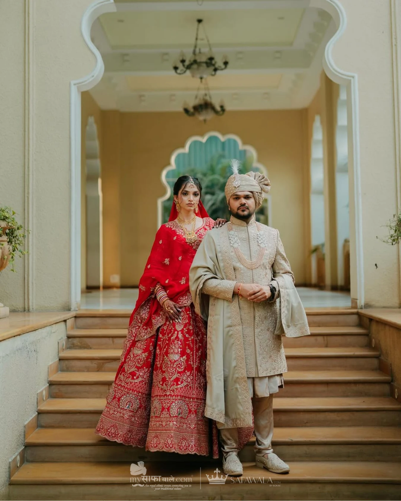 Coordinated ivory wedding pagdis for a formal celebration for Ramnagar